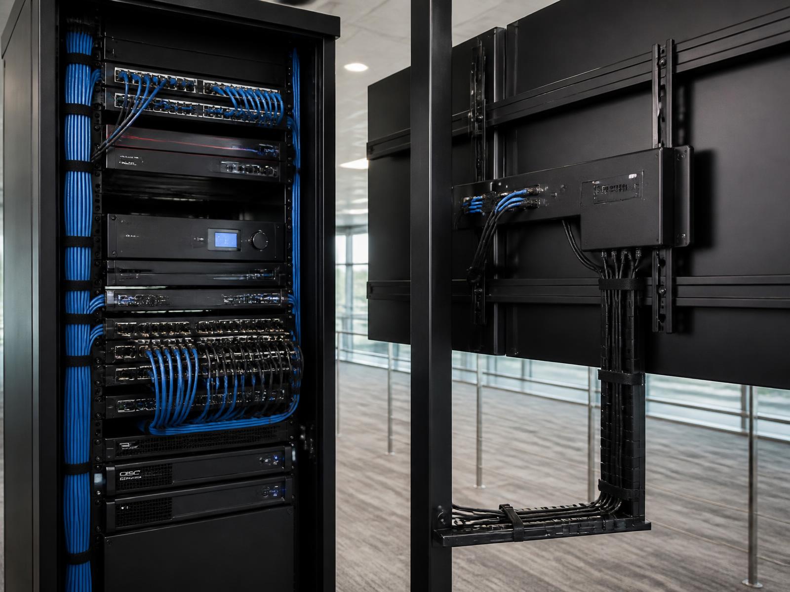 Cable-managed audio video equipment rack beside a wall-mounted display in a commercial building