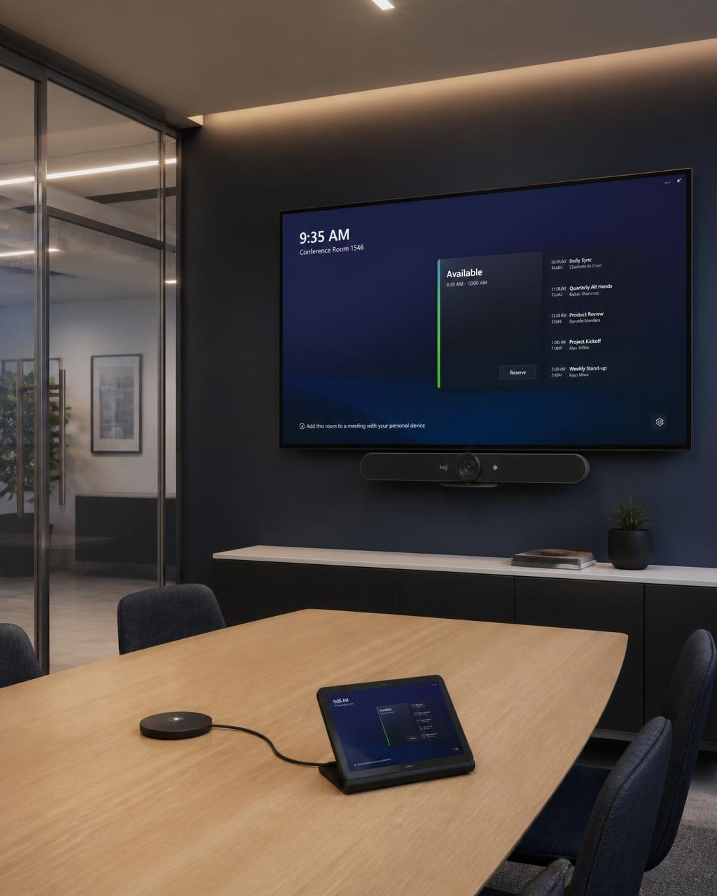 Corporate meeting room with a commercial display, video collaboration bar and table touch panel