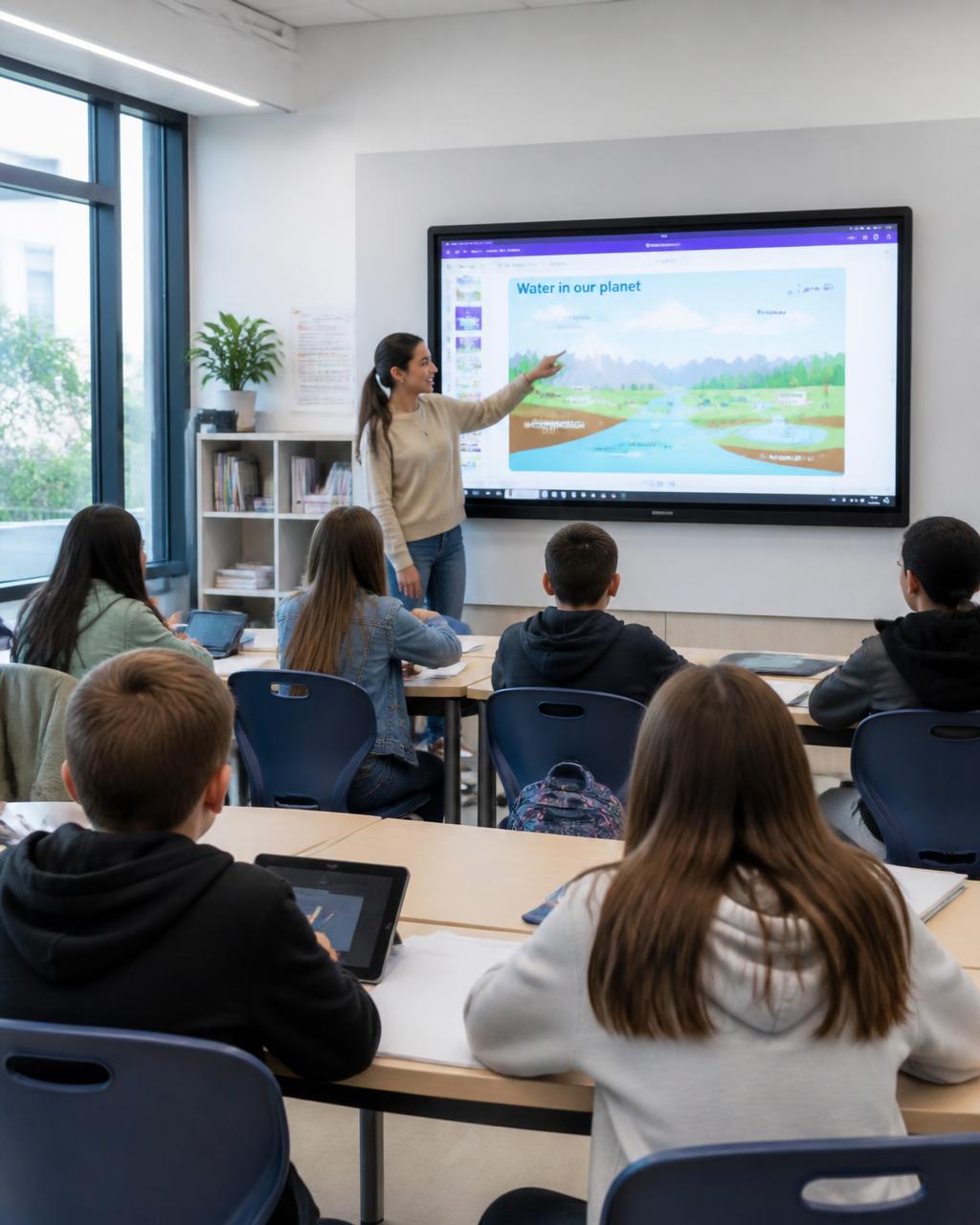 Teacher leading a lesson on a large interactive display in a bright classroom