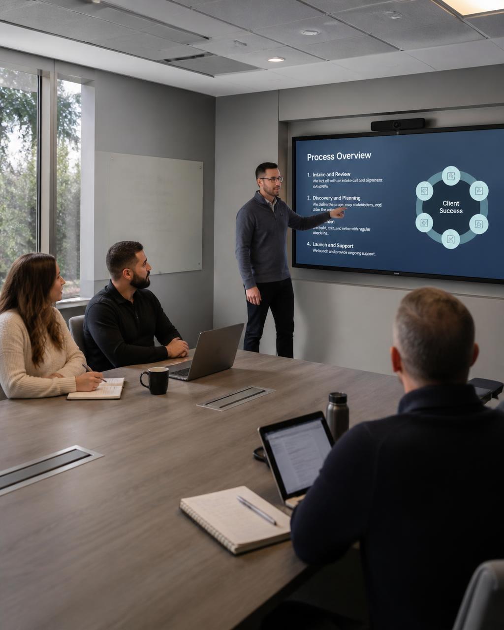Instructor delivering professional development at an interactive display in a training room