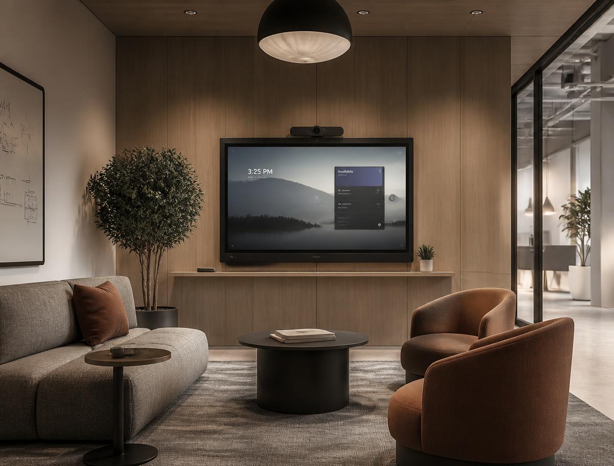 Informal corporate collaboration space with soft seating, a wall-mounted display and a conferencing camera bar above it