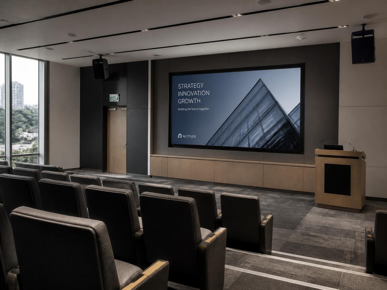 Corporate training and presentation room with tiered seating, a large-format display, ceiling speakers and a lectern