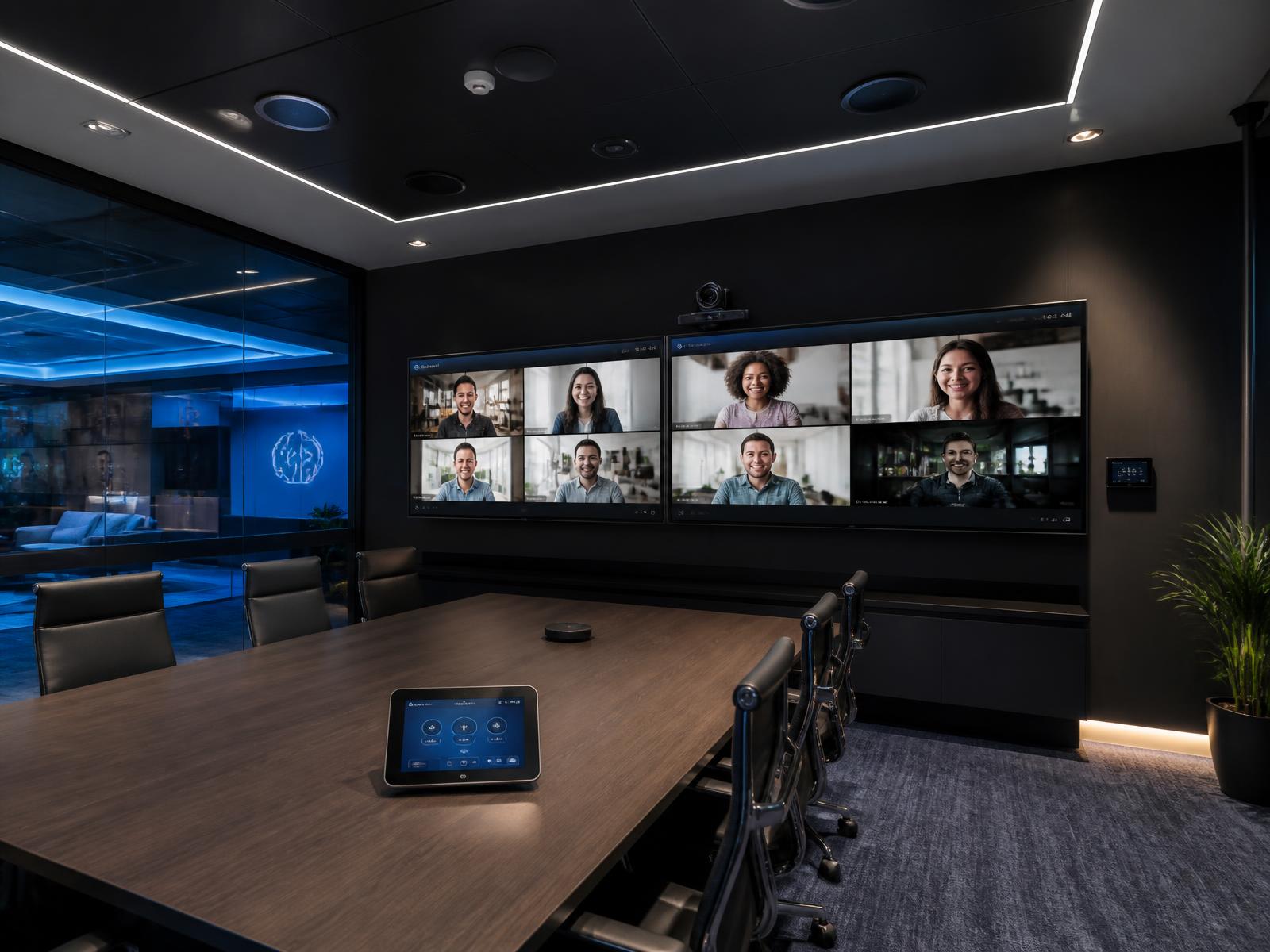 Corporate collaboration room with dual displays showing a video conference, PTZ camera and ceiling microphones