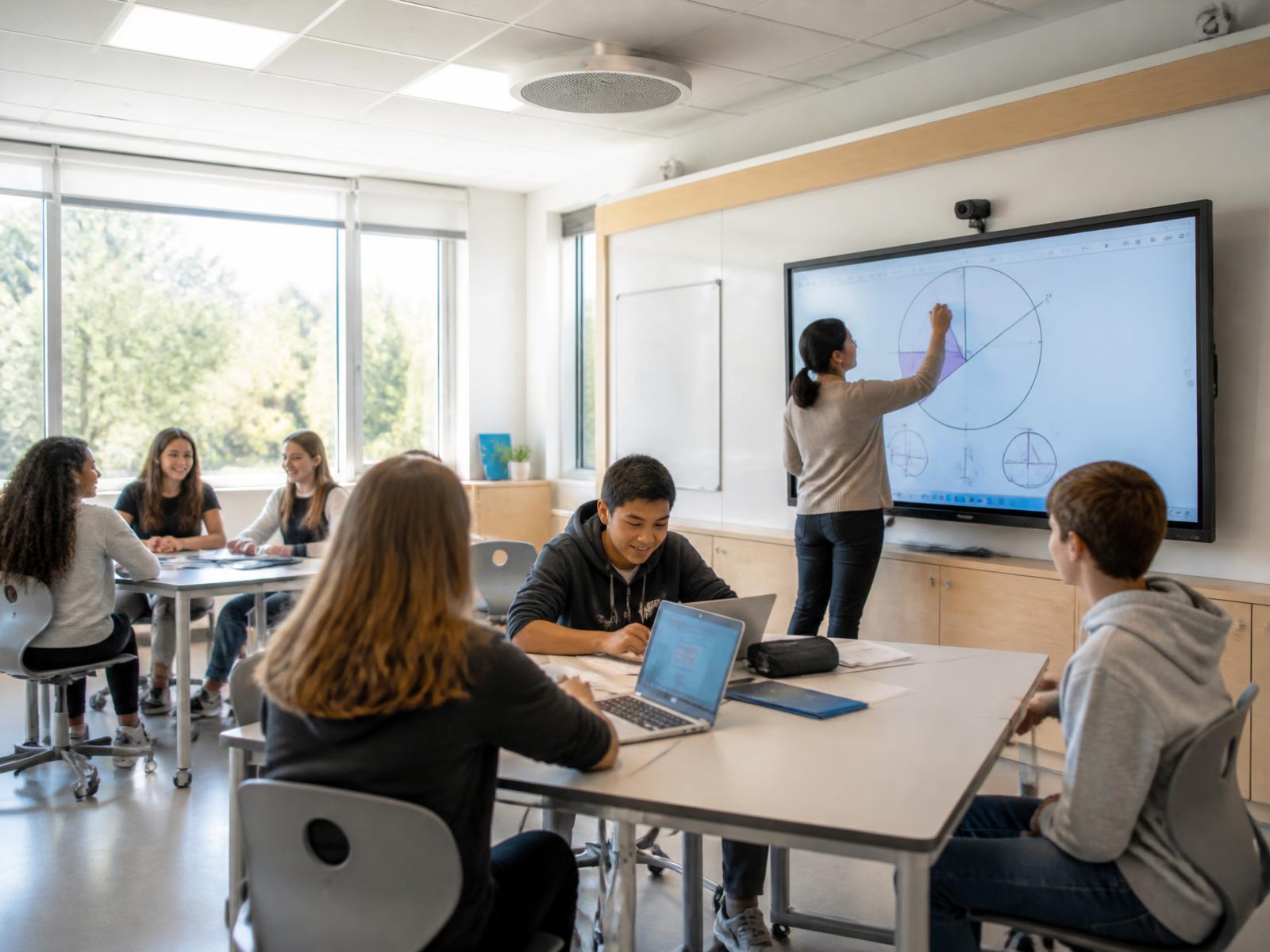 Students collaborating in a bright classroom while a teacher writes on an interactive display