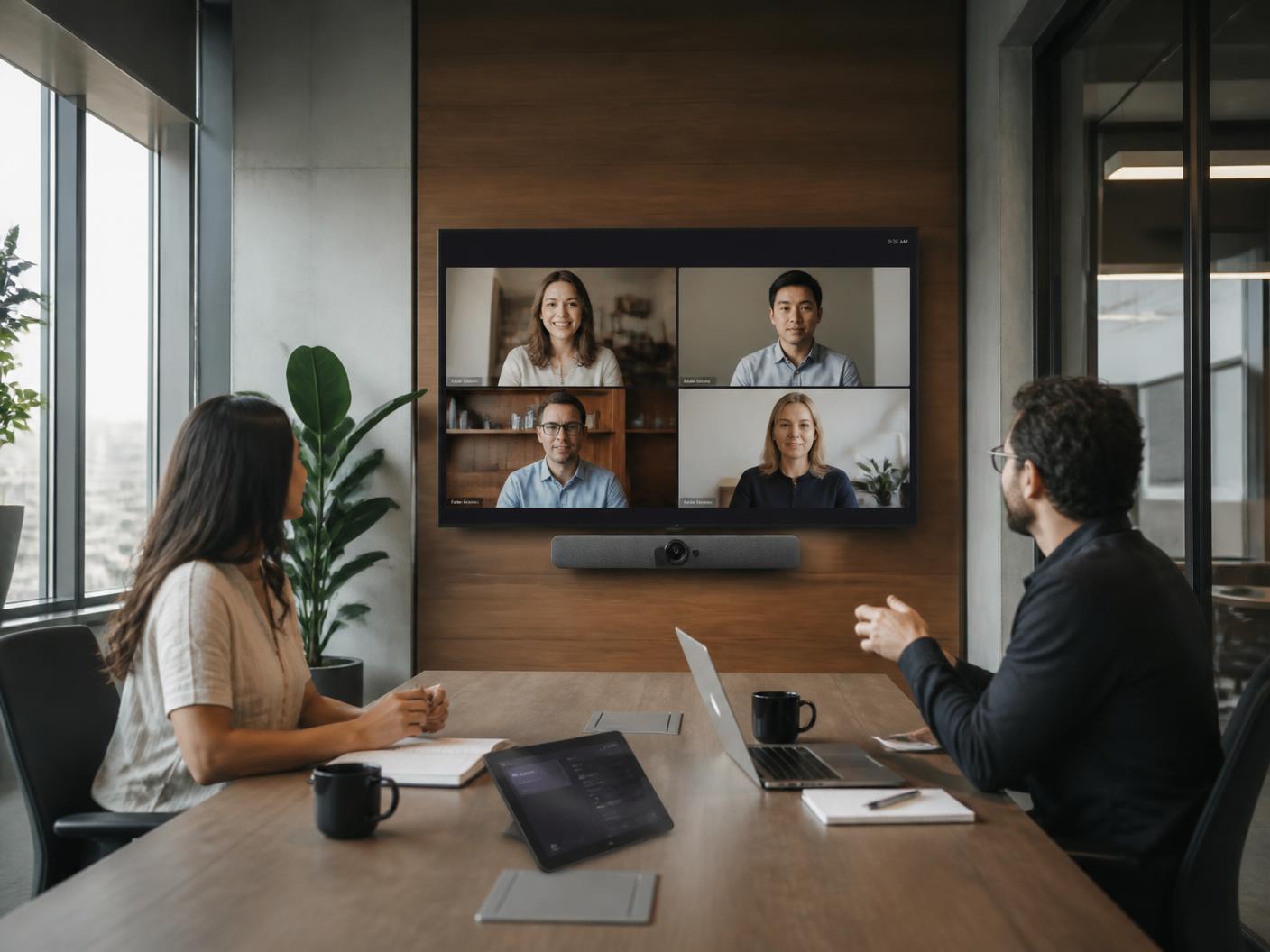 Two colleagues in a small conference room during a video call shown on a wall display with an all-in-one conferencing bar below it