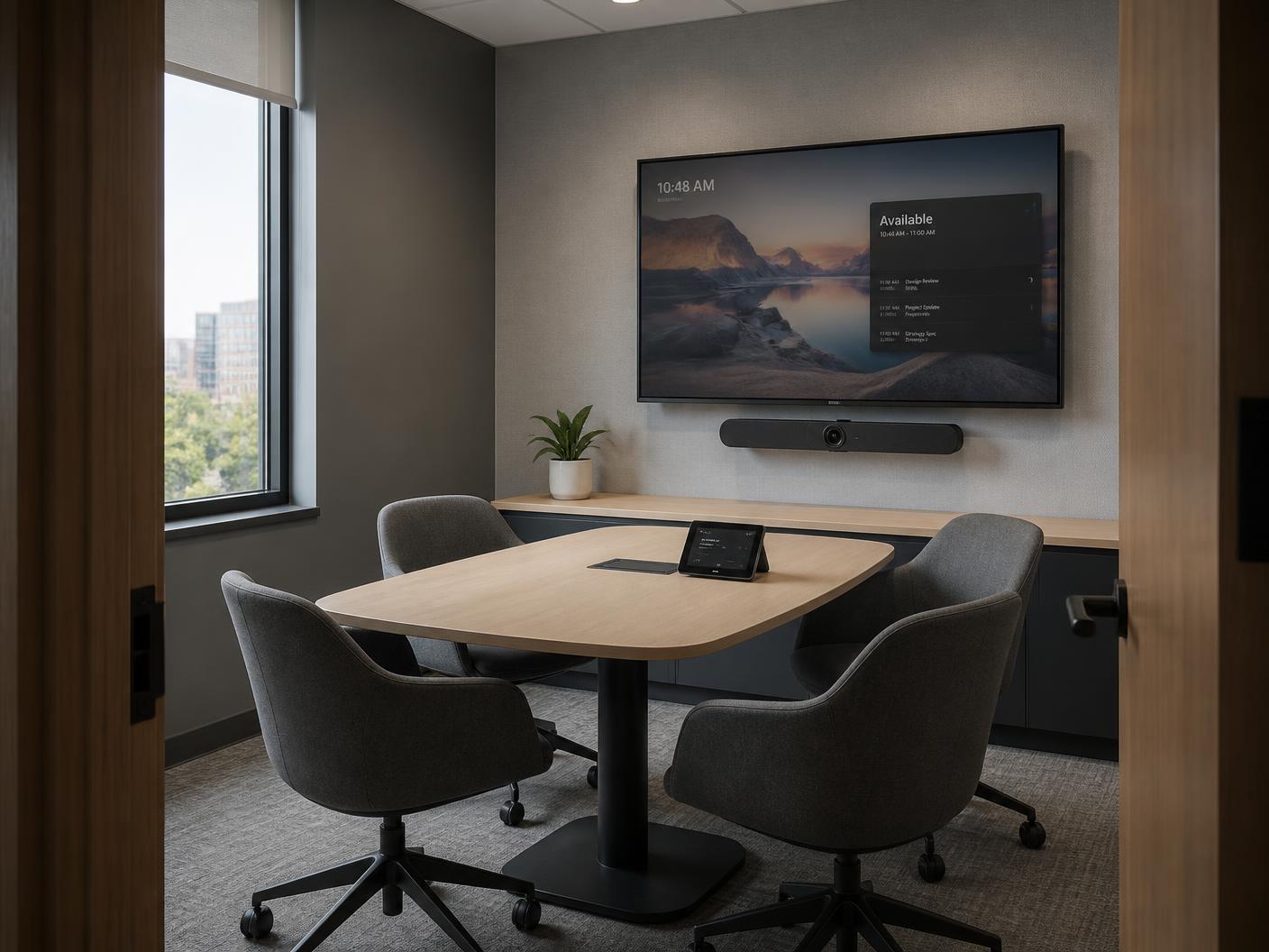 Small meeting room with a wall-mounted display, an all-in-one video collaboration bar beneath it and a table touch controller