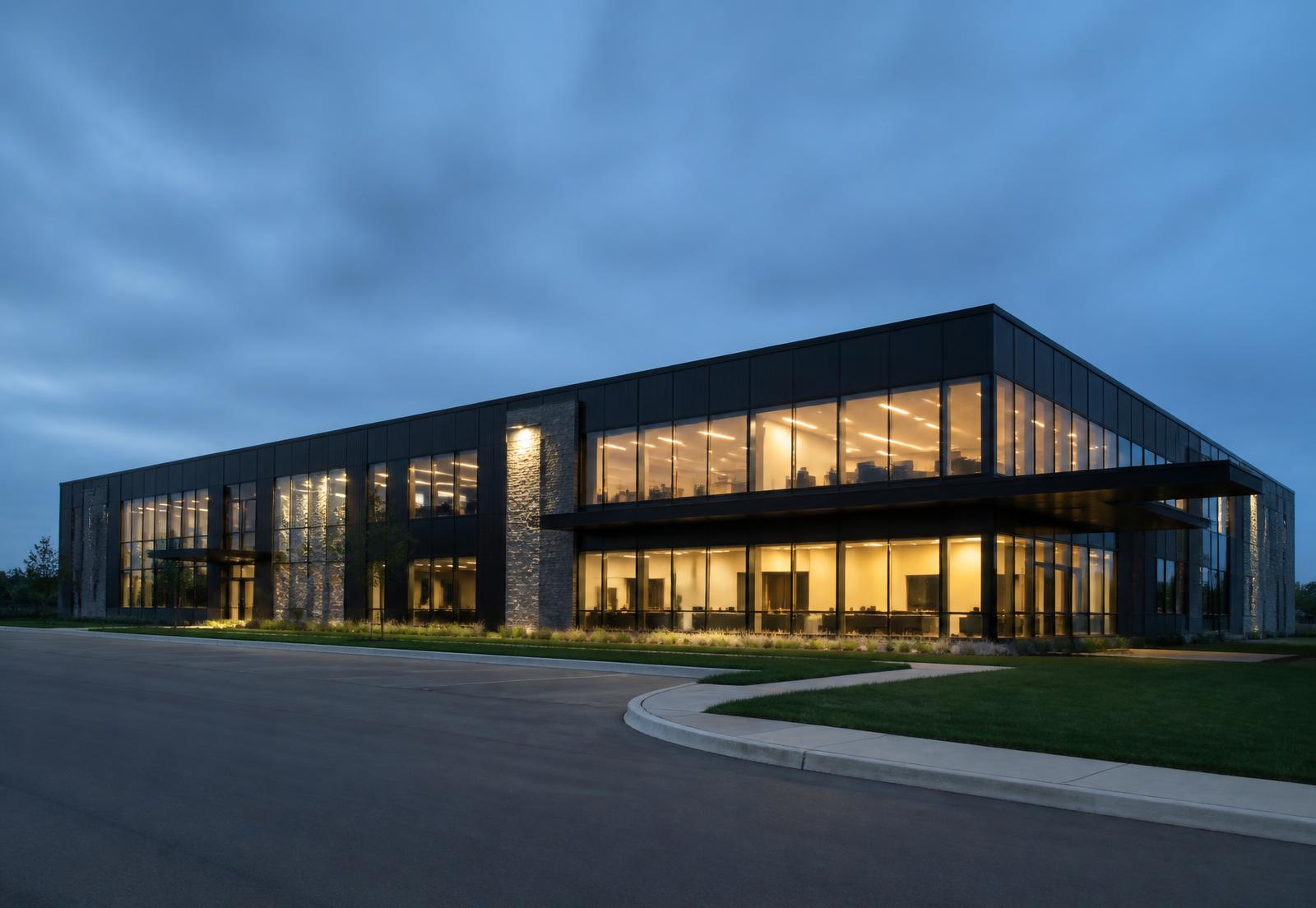 Modern commercial office building at dusk, representing the organizations Duplicom serves across Ontario