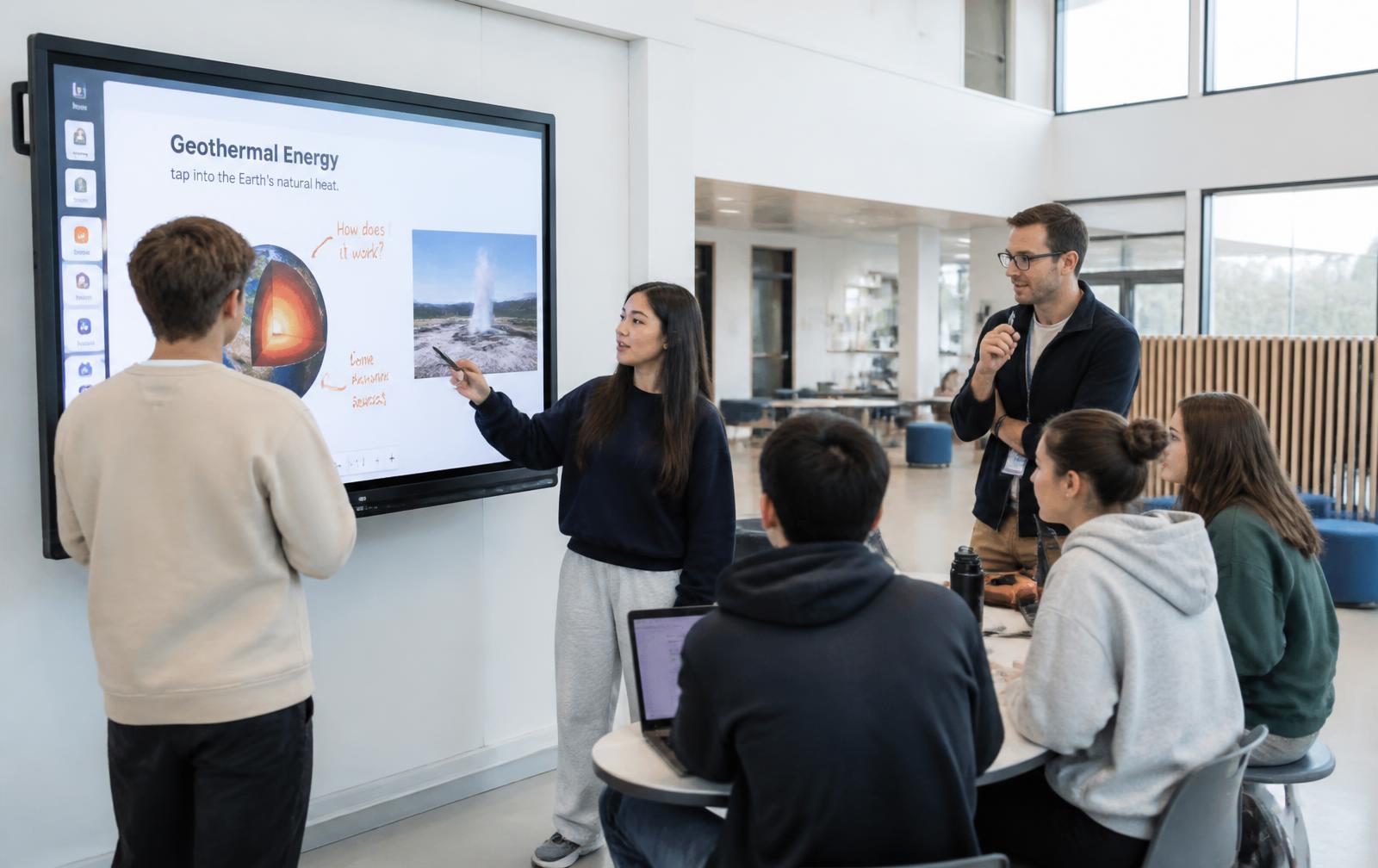 Students presenting at a large interactive display in a bright school learning commons while a teacher facilitates