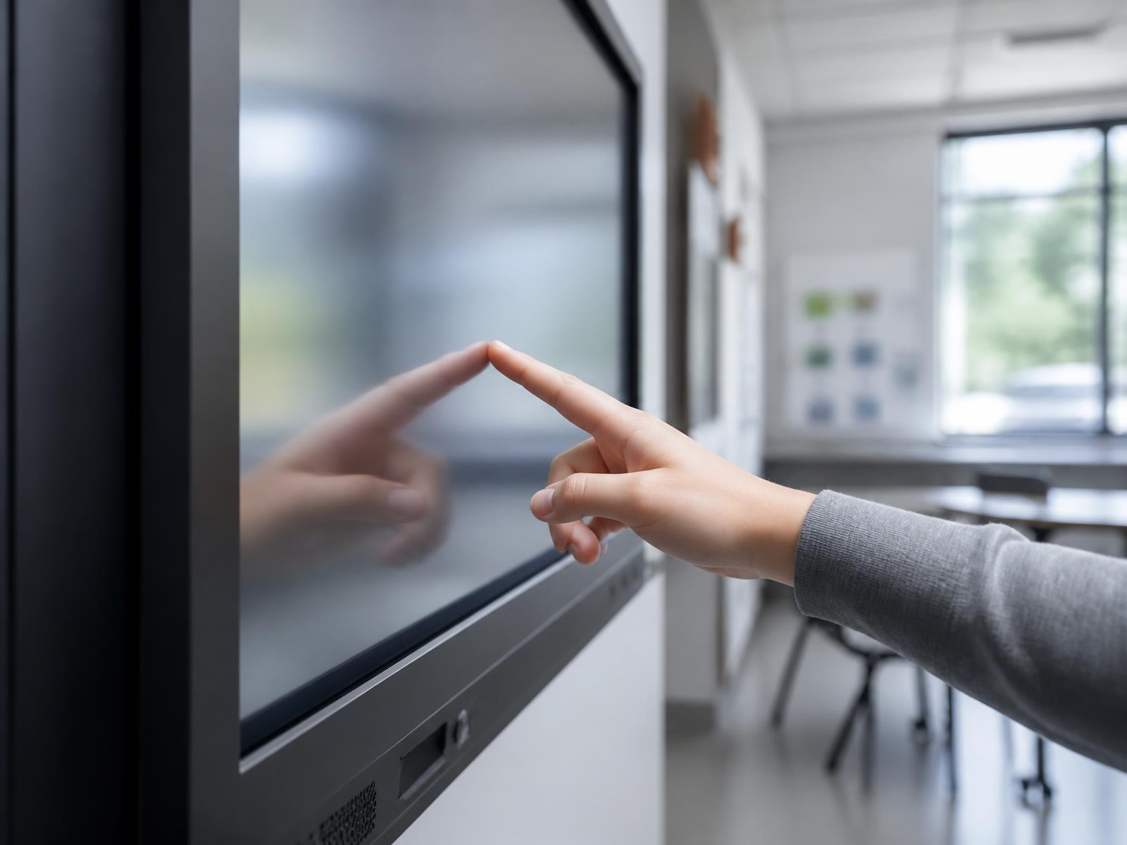 Close view of a hand touching the glass of a classroom interactive display