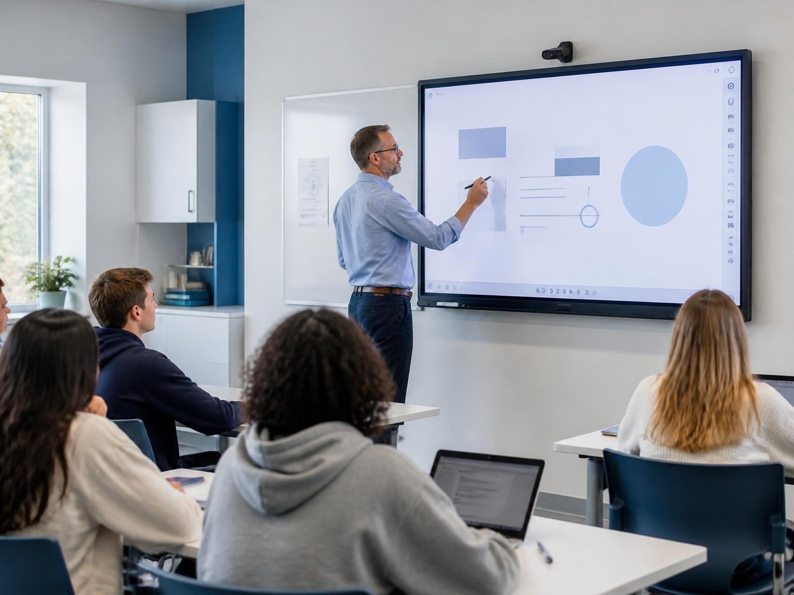 Teacher presenting on a large interactive display in a modern classroom