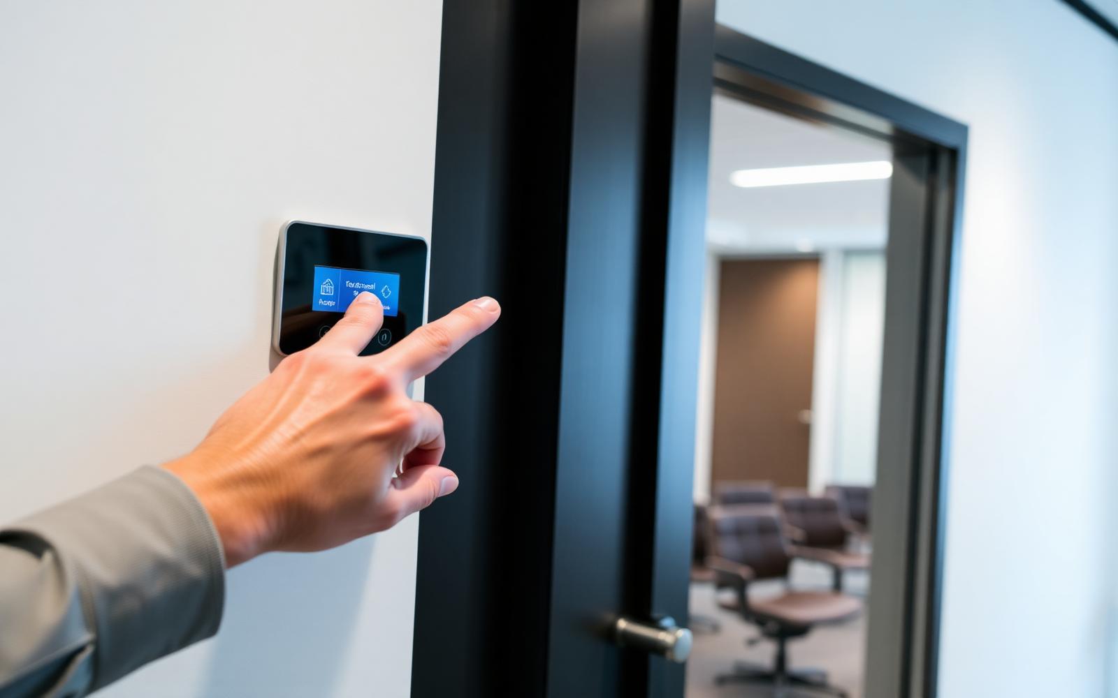 Wall-mounted audio video control panel beside a meeting room entrance