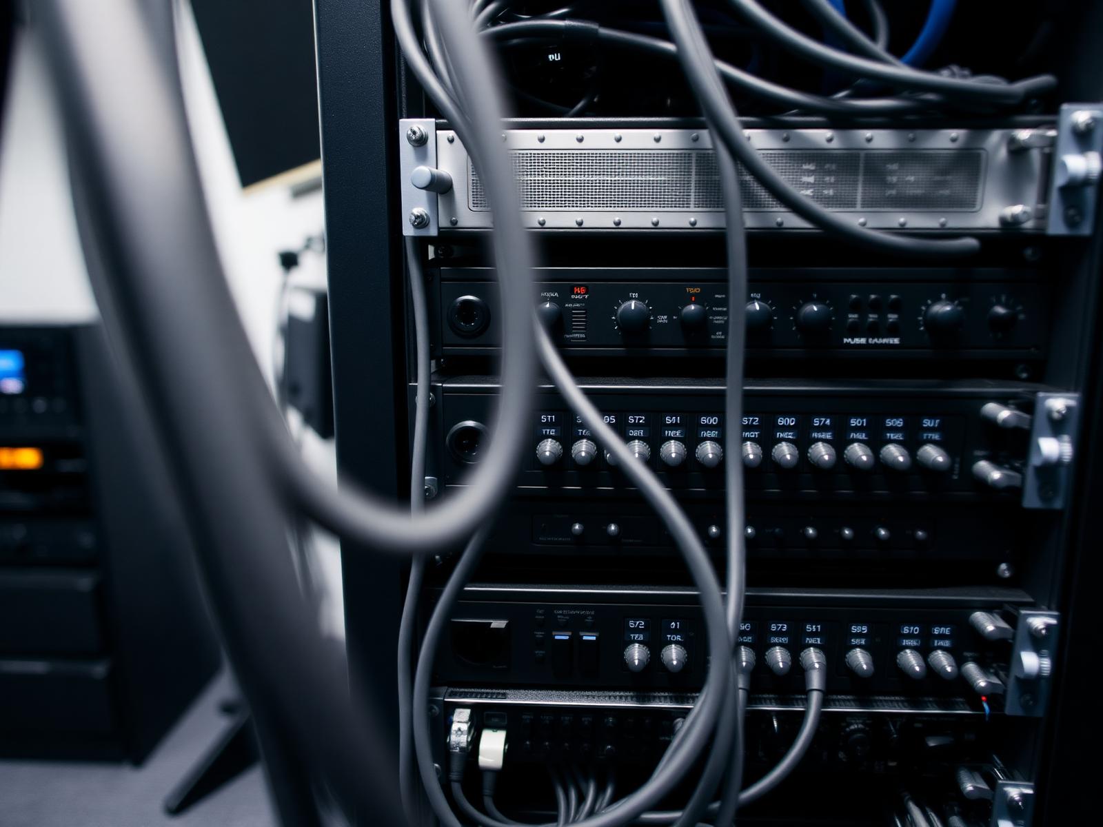 Professional audio video equipment rack with amplifiers and neatly routed cabling